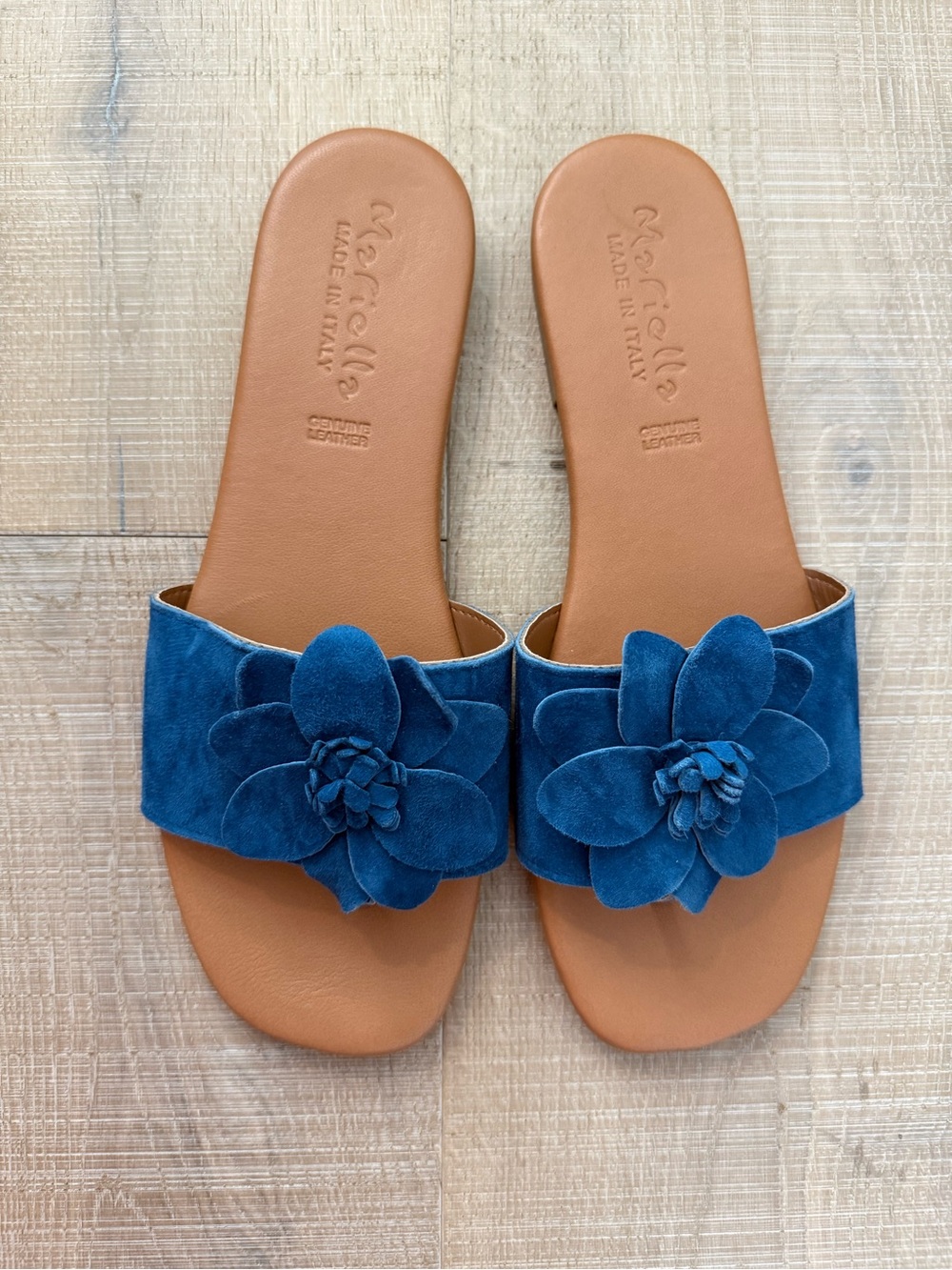 Blue Suede Floral Slide Sandals - Made in Italy